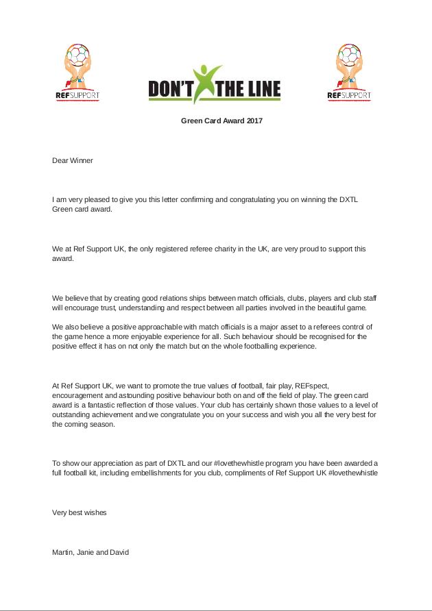 Congratulations Letter Produced For The Green Card REFspect Award Kit